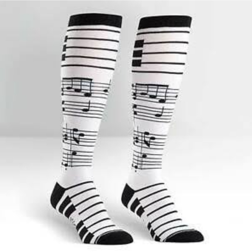 Compression Socks. Fits Size L. Black and White Musical Notes. 0040